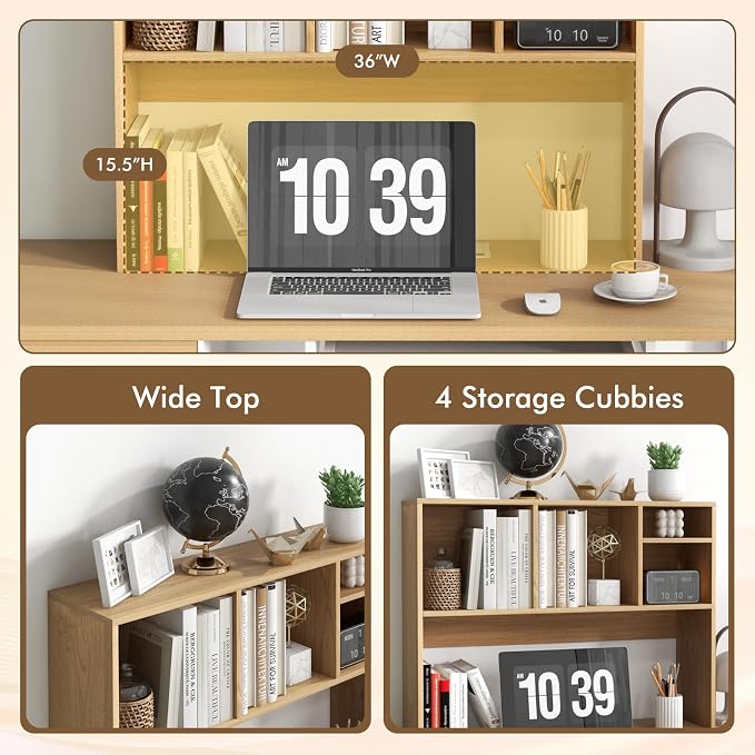 GOFLAME 4 Cubes Desktop Bookshelf, 37” Tabletop Wood Desk Shelf for Computer Monitor, Modern Countertop Desk Display Hutch Storage Organizer Shelf for Home Office, Dorm, Study, Natural