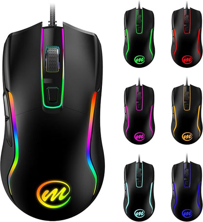 memzuoix Wired Gaming Mouse with RGB - 6 Adjustable DPI up to 12800, 6 Buttons, 12 Lighting Modes, Ergonomic Design with Anti-Slip Rubber Wheel, 5.6ft Braided Cable for PC/Mac/Windows - Black