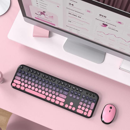 Wireless Keyboard Mouse Combo - Lovely CherryPink-Gradient Rainbow Full-Sized Typewriter Colorful Keyboards, Round Keycap Plug Play Retro Cute Keyboards for Windows, Laptop, PC, Desktop, Computer