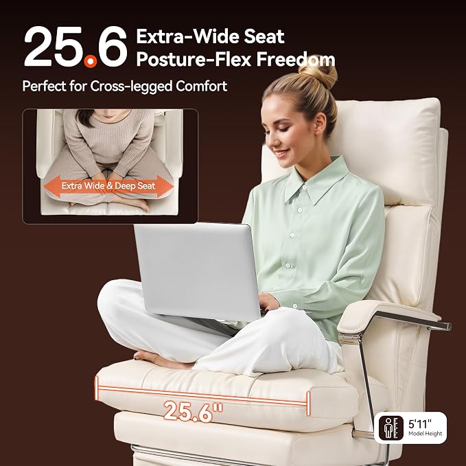OKUP M76 160° Reclining Executive Office Chair with Footrest, Adjustable Seat Depth Leather Office Chair, 8" Thick Sofa-Like Cushion, 420 lb Reinforced High Back Desk Chair for Home Office, Cream