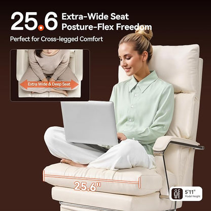 OKUP M76 160° Reclining Executive Office Chair with Footrest, Adjustable Seat Depth Leather Office Chair, 8" Thick Sofa-Like Cushion, 420 lb Reinforced High Back Desk Chair for Home Office, Cream