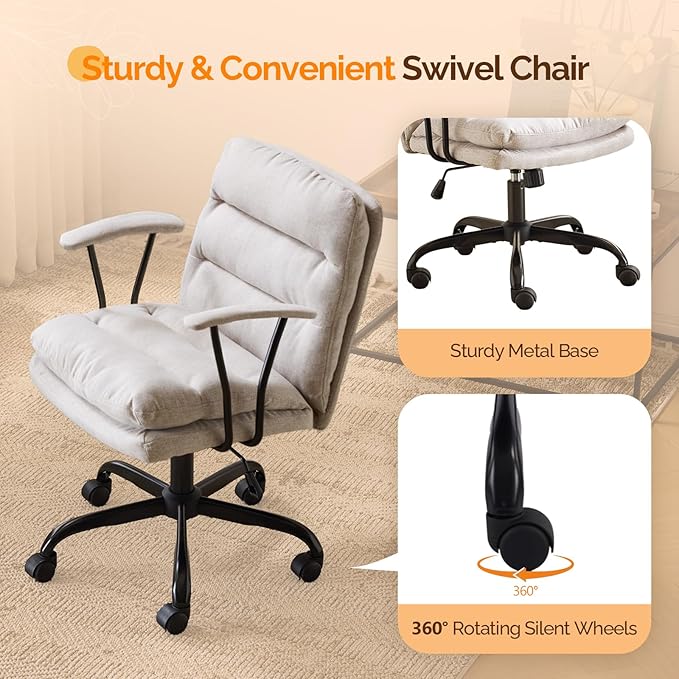 VINGLI Comfortable Office Desk Chairs with/No Wheels,Dual-Base,Removable Armrests,Adjustable Comfy Swivel Computer Task Nail Tech Chair for Office,Sewing,Makeup Vanity,Teen,Linen Fabric,Light Grey