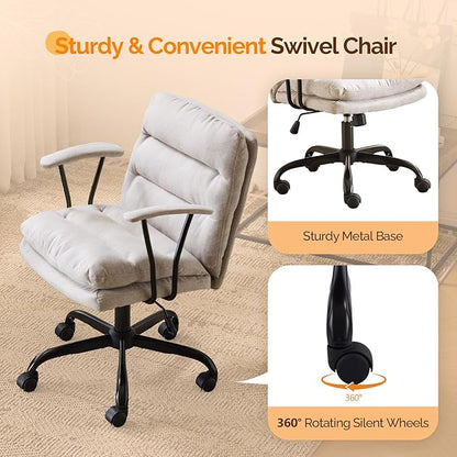 VINGLI Comfortable Office Desk Chairs with/No Wheels,Dual-Base,Removable Armrests,Adjustable Comfy Swivel Computer Task Nail Tech Chair for Office,Sewing,Makeup Vanity,Teen,Linen Fabric,Light Grey