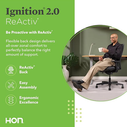 HON Ignition 2.0 ReActiv Ergonomic Office Chair, Mesh Desk Chair with Lumbar Support, Advanced Synchro‑Tilt, Height and Width Adjustable Arms, Swivel Wheels, Black Frame, Black