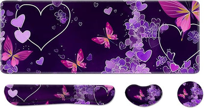 Desk Pad and Keyboard Wrist Rest, Large Mouse Pad + Keyboard Pad+Mouse Wrist Support, Non-Slip Desk Mat Protector for Office, Home 31.5×11.8 Inches Purple Butterfly