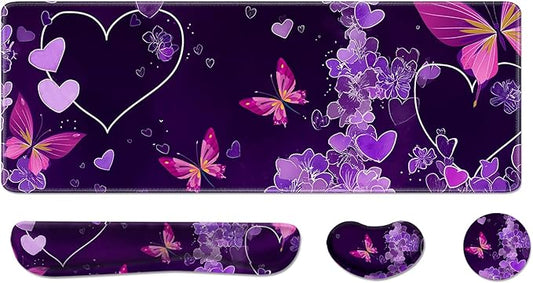 Desk Pad and Keyboard Wrist Rest, Large Mouse Pad + Keyboard Pad+Mouse Wrist Support, Non-Slip Desk Mat Protector for Office, Home 31.5×11.8 Inches Purple Butterfly