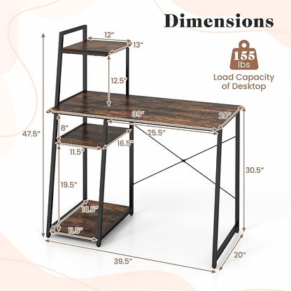 Tangkula Computer Desk with Shelves, Space Saving Home Office Desk with 3-Tier Ladder Shaped Storage Bookshelf, Modern Writing Study Desk with Metal Frame, Compact Computer Workstation (Rustic Brown)
