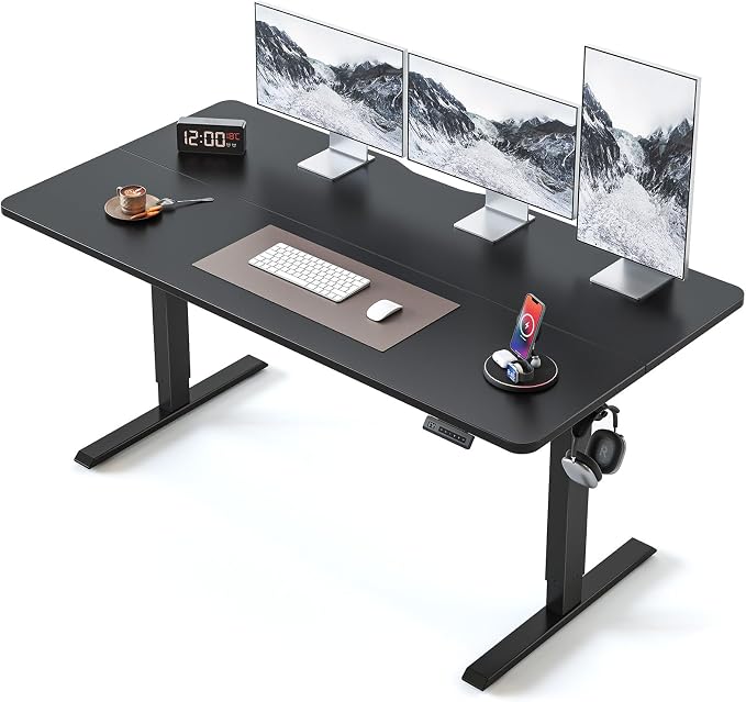 BANTI 63 × 28 Inches Standing Desk, Ergonomic, Electric Height Adjustable, Sit and Stand Up, Computer Desk with a Deeper Desktop, Black Frame/Black Top
