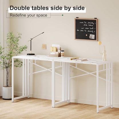 Lutown-Teen 35 inch Folding Small Desk, Writing Gaming Computer Camping Desk for Small Spaces, No Assembly Required Home Office Table, White Marble