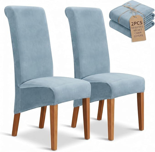 Deisy Dee Stretch XL/Oversized Extra Large Velvet Dining Room Chair Covers for Kitchen Dining，Removable Washable Chair Protectors Slipcovers (Babyblue, 2)