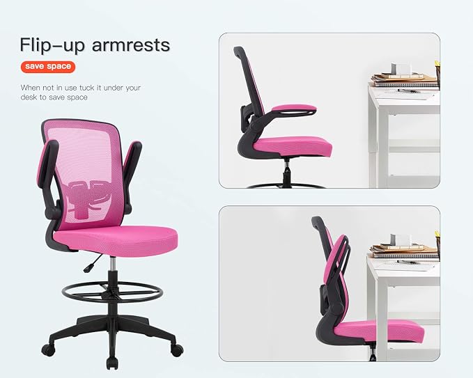 BestOffice Drafting Chair Tall Office Chair Adjustable Height with Lumbar Support Arms Footrest Mid Back Standing Desk Chair with Swivel Rolling Mesh Stool Pink