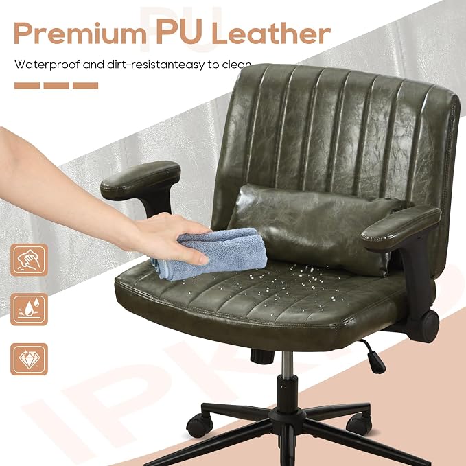 IPKIG Criss Cross Chair with Adjustable Flip-up Arms, Vanity Chair with Wheels, Comfy Desk Chair with Lumbar Pillow Swivel Wide Office Chair for Home Office, Bedroom (PU Leather, Green)