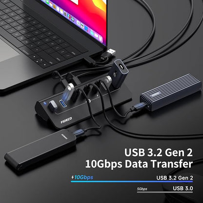 FIDECO Powered USB Hub, 7 Port 10Gbps Fast Data Hub for iPhone 16/15 and Laptop, Full Aluminum USB Splitter with 5V 3A Power Adapter, 4 USB A and 3 USB C Ports, Support BC1.2 Charging