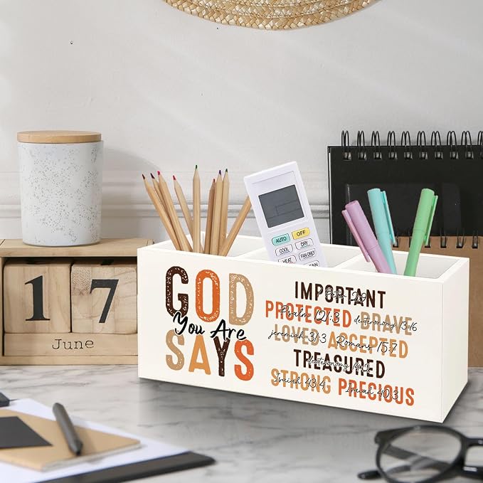 Bookmark Holder Decor Wooden Pen Pencil Holder for Desk, Christian Bible Gifts, God Says you Are Wood Makeup Brush Toothbrush Holder Organizer for Reading Corner Room Library