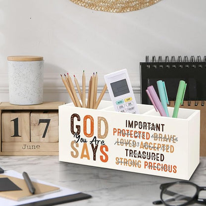 Bookmark Holder Decor Wooden Pen Pencil Holder for Desk, Christian Bible Gifts, God Says you Are Wood Makeup Brush Toothbrush Holder Organizer for Reading Corner Room Library