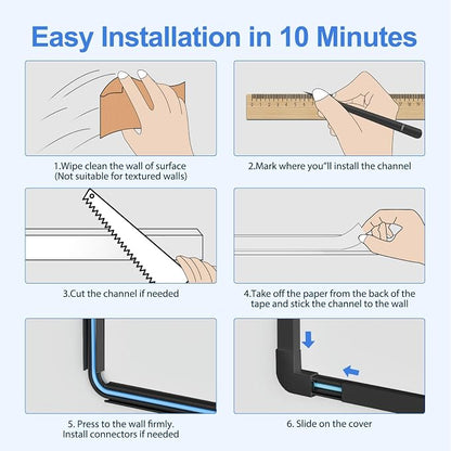 Yecaye Cord Hider, 113in Medium Cord Covers for Wires on Wall, Cord Organizer for 2-3 Wires, Easy Install Cable Management Kit, TV Cable Hider for Home Office, W0.95in H0.55in, Black