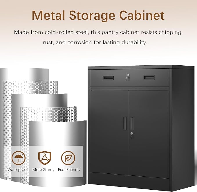 36" H Metal Cabinet, Garage Storage Cabinet, Locking Storage Cabinet, Metal Cabinets with Doors and Shelves for Home, School, Office, Garage, Black