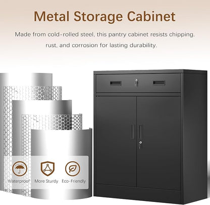 36" H Metal Cabinet, Garage Storage Cabinet, Locking Storage Cabinet, Metal Cabinets with Doors and Shelves for Home, School, Office, Garage, Black