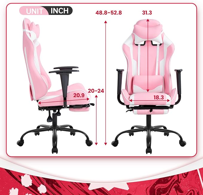BestOffice | Ergonomic Gaming Chair | Pink | Reclining Computer Chair with Lumbar Support, Headrest Pillow, Adjustable Footrests | 360 Swivel with Heavy Duty Wheels | for Home & Office