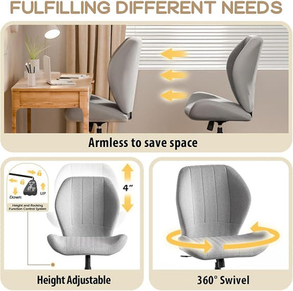ZZW Criss Cross Chair with Wheels, Wide Cross Legged Office Chair Armless Comfy Desk Chair with Tall Back Vanity Chairs with Stress Relief Curved Design Seat for Bedroom & Office & Home Light Gray