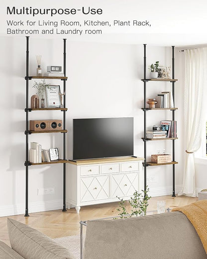 ALLZONE Adjustable Tall Narrow Bookshelf, 4-Tier Floor-to-Ceiling Tension Mount Ladder Book Shelf with Storage for Versatile Uses, Fits 64-113 Inch Ceilings, 20.28-Inch Wide Wood Shelves, Rustic Brown