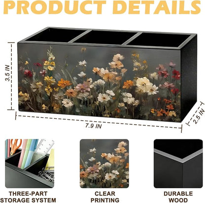 Vintage Floral Pen Pencil Holder for Desk, Moody Cottagecore Botanical Flower Wooden Box Sign Organizer for Home Room Office Bedroom Desk Accessories Tabletop Decorations
