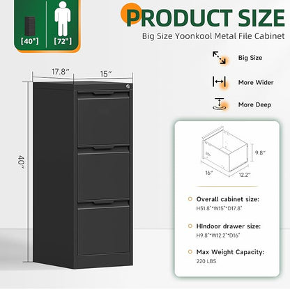 3 Drawer File Cabinet with Lock, Filing Cabinets for Home Office | Lockable File Cabinet, Metal File Cabinet, Heavy Duty File Storage Cabinet for Letter/Legal/A4/F4 Size, Assembly Require