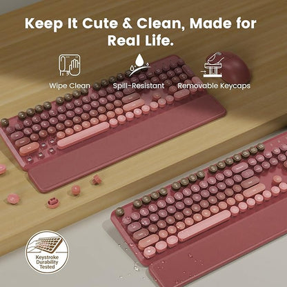 Wireless Keyboard and Mouse Combo, Magnetic Soft-Touch Wrist Rest, Round Keycaps, Full-Size Retro Typewriter Keyboard, 2-Stage Tilt Legs, Auto Sleep, 2.4GHz Cordless for Windows PC, Rose Pink Ombre