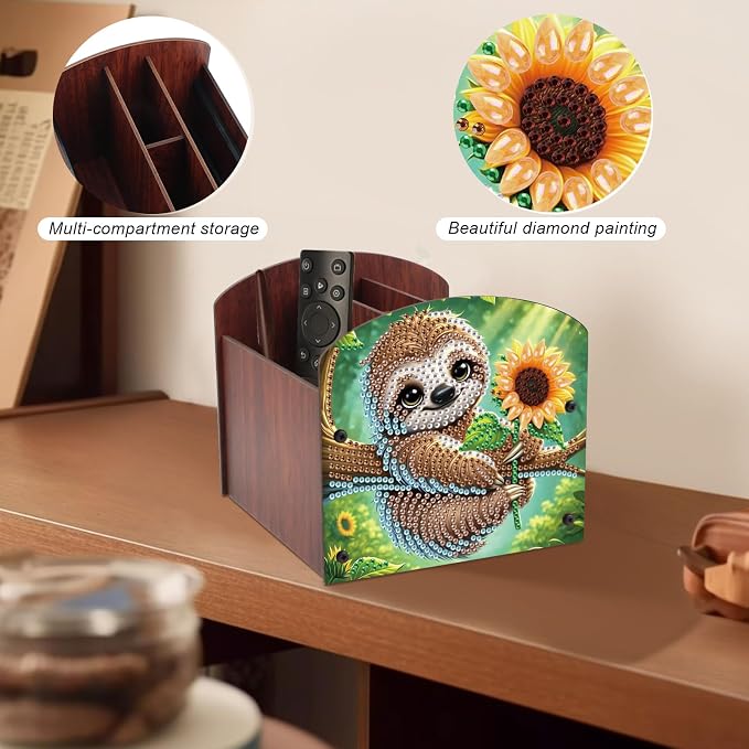 Diamond Painting Wooden Desk Organizer, Sloth with Sunflower Design DIY Diamond Art Storage Box for Tabletop Decoration, Crystal Rhinestones Art Desktop Ornament Kit for Adults