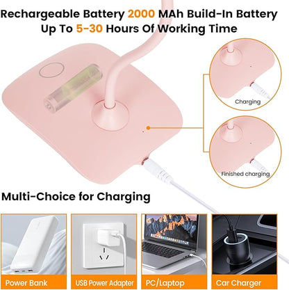 Battery Powered Desk Lamp, Portable Lamps Rechargeable 3 Color Modes Touch Control Stepless Dimming, Wireless Desk Lamp with 2000mAh, Small LED Table Light for Dorm Study Office Bedroom,Pink