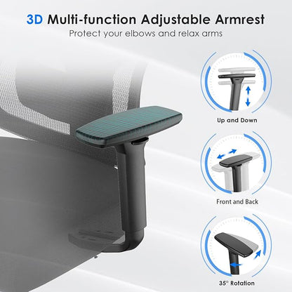 Soohow Ergonomic Office Chair,Mesh Desk Chair with Adjustable Lumbar Support and Headrest,Comfy Computer Chair with 3D Armrest Recling Swivel Chair for Home and Office, Black & Black