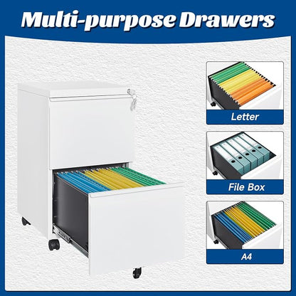Fesbos 2 Drawers Vertical File Cabinet - Fully Assembled White Under Desk Mobile Filling Cabinet Small Lockable Home Office File Cabinets for A4/Letter/Legal Size