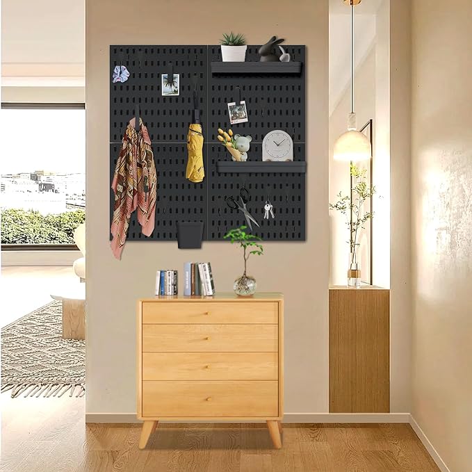 SHGJ&SOFT Peg Board Wall Organizer Panels, 22pcs - Includes 4 Black Pegboards & Accessories, Plastic Pegboard for Home，Office, Craft Room, Gaming Setup, 24″×24″, Wall Mount Display Pegboard Panel Kits