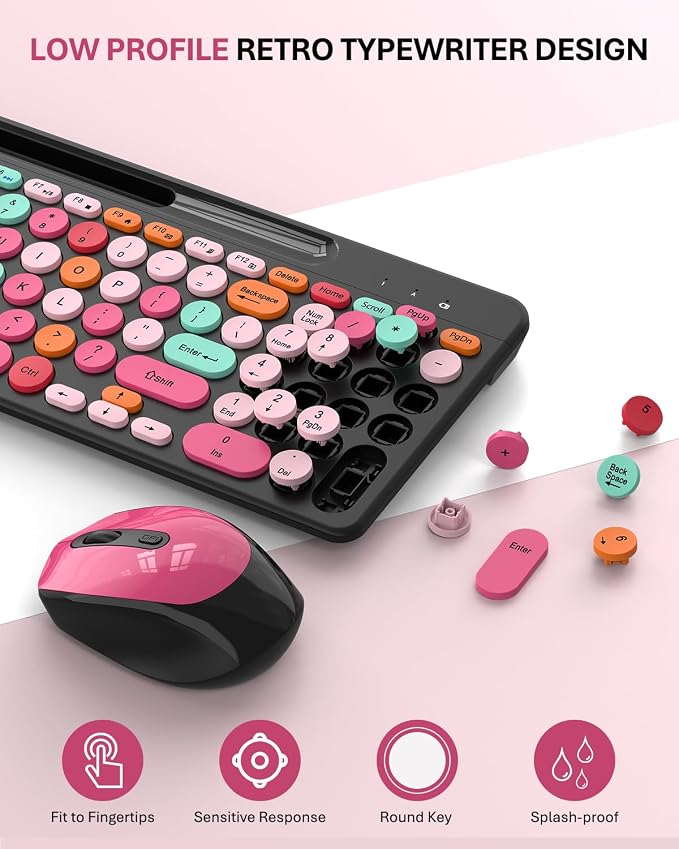 Colorful Wireless Keyboard and Mouse Combo - Round Keycaps, 2.4GHz Retro Typewriter Keyboard with Number Pad, Cute Compact USB Keyboard and Mouse for Computer PC Desktop Laptop (Pink & Black Colorful)