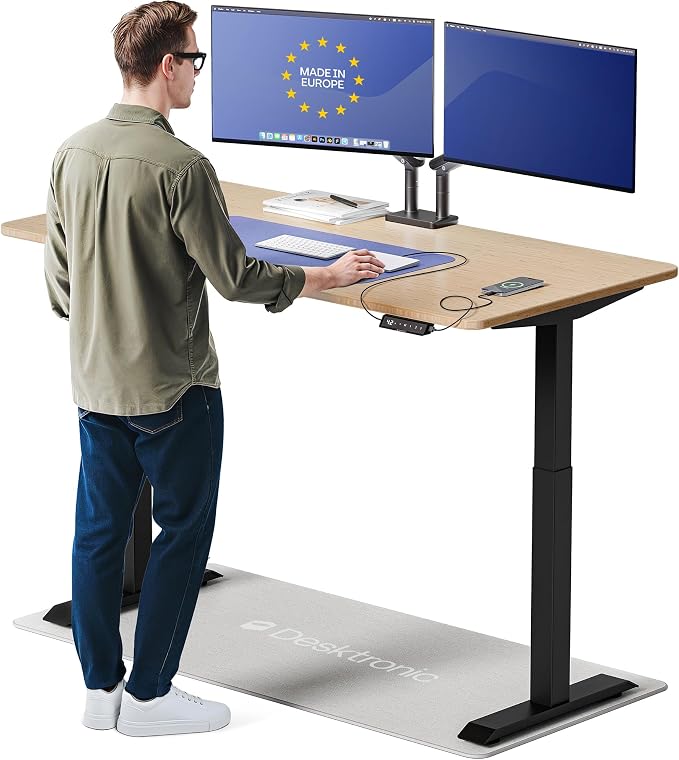 Desktronic HomeOne Standing Desk 60x30 — Ergonomic Sit Stand Home Office Desk, Made in Europe, Electric Dual Motor Height Adjustable, USB & USB-C Charging, Wobble-Free, Touchscreen, 3 Memory Presets
