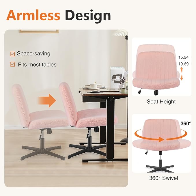 Sweetcrispy Criss Cross Chair Legged, Furry Armless Office Swivel Desk Chairs No Wheels, Vanity Height Adjustable Wide Seat Comfy Cute Computer Task Chair for Home Bedroom, Teddy Pink