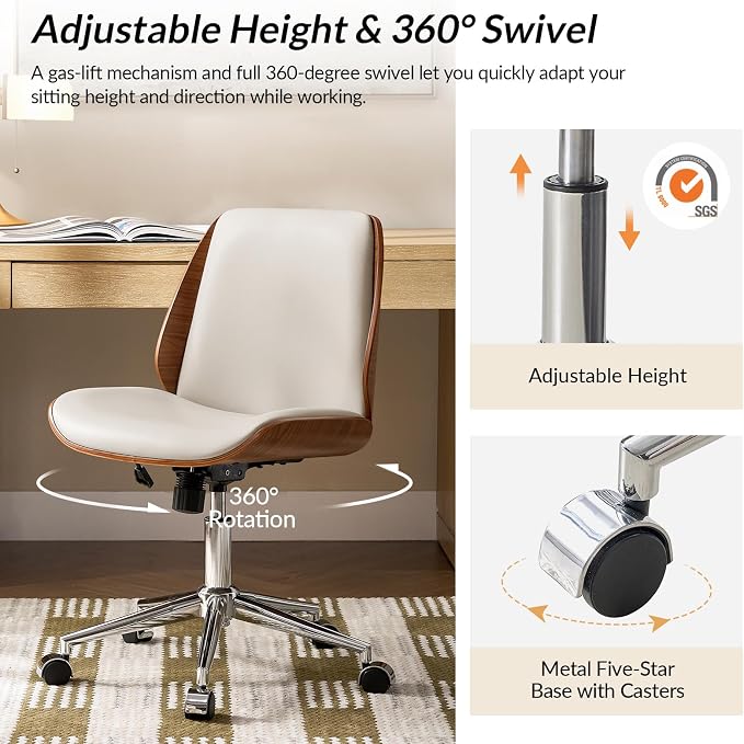 HULALA HOME Faux Leather Home Office Chair with Bent Wood Design & Rocking Tilt Function, Modern Swivel Desk Chair with Adjustable Height, Comfy Upholstered Armless Computer Task Chair, Ivory