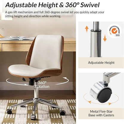 HULALA HOME Faux Leather Home Office Chair with Bent Wood Design & Rocking Tilt Function, Modern Swivel Desk Chair with Adjustable Height, Comfy Upholstered Armless Computer Task Chair, Ivory