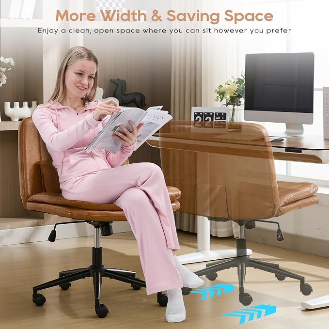 IPKIG Criss Cross Chair, Small Armless Desk Office Computer Chair with Wheels and Lumbar Pillow, Comfy Adjustable Swivel Task Vanity Chair Faux Leather, Brown