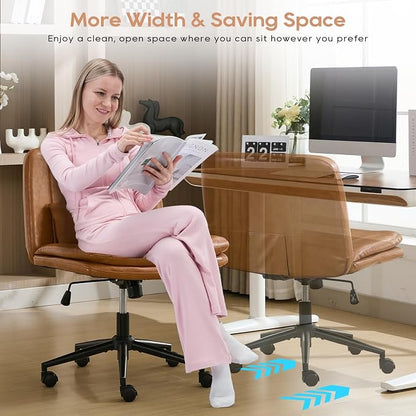 IPKIG Criss Cross Chair, Small Armless Desk Office Computer Chair with Wheels and Lumbar Pillow, Comfy Adjustable Swivel Task Vanity Chair Faux Leather, Brown