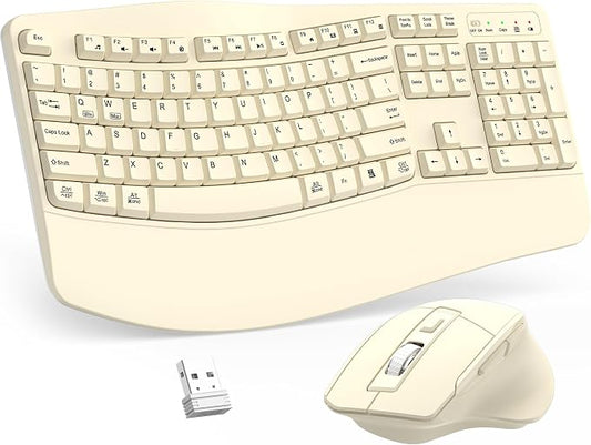 Wireless Keyboard and Mouse Combo, Ergonomic Wave Keys (Latte) | 2.4G Full Size Wave Keyboard with Wrist Rest, 3-Level DPI Adjustable Ergonomic Mouse for Windows and Mac OS Desktop/Laptop/PC