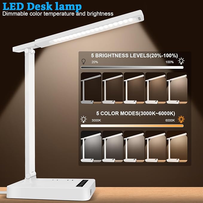 Smart Desk Lamp with 4-in-1 Charging Station (2 AC outlets, Type-C, USB-A Ports), 5 Color temperatures and 5 Brightness Levels, Adjustable gooseneck arm, Eye-Friendly Lighting for desks, bedrooms