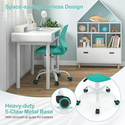 Giantex Kids Desk Chair, Armless Mesh Children Study Seat, Swivel Teen Desk Computer Chair with Adjustable Height & Lumbar Support, Turquoise
