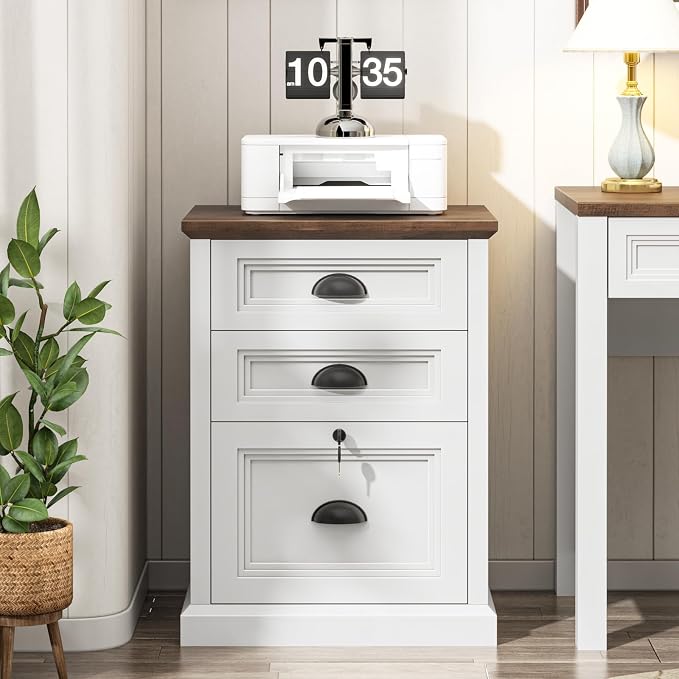 Halitaa Vertical File Cabinet, Filing Cabinet with 3 File Drawers & Lock, Farmhouse Small File Cabinet Fits Letter/A4 Size, Wooden Printer Stand, Home Office Cabinet, White