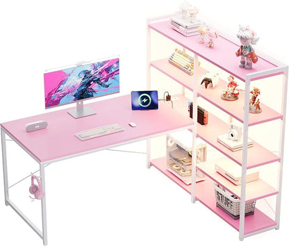 Pamray L Shaped Computer Desk with Reversible Side Storage Shelves, 49 Inch Gaming Desk with Power Outlets and Led Lights, PC Table for Home Office and Bedroom Pink
