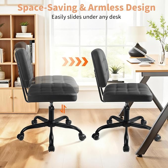 Armless Home Office Desk Chair - Small Swivel Office Desk Chairs with Rolling Wheels - Height Adjustable PU Leather Computer Chair with Comfy Low Back - For Small Space, Bedroom, Home, Vanity - Black
