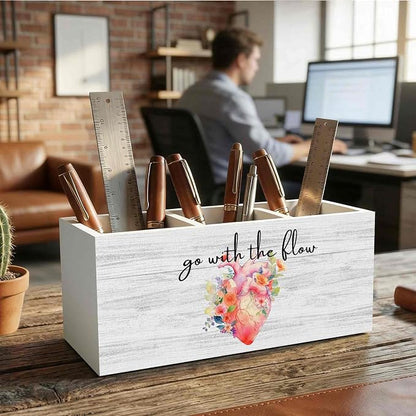 Nurse Office Pencil Pen Holder for Desk Organizer, Nurse Appreciation Gifts, Nursing Week Gifts, Go with the Flow Flower Heart Wooden Box Decorations for Office Desk Tabletop Decor