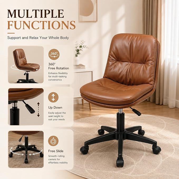 Vanity Chair with Back, PU Leather Swivel Office Desk Chair, Height Adjustable Armless Chair for Small Spaces, Bedroom, Vanity, Home Office （Brown）