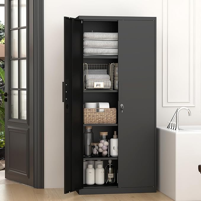 GREATMEET Metal Garage Storage Cabinet, Black Lockable Storage Cabinets with Doors and Shelves,Utility Cabinet for Shop Home Office Garage