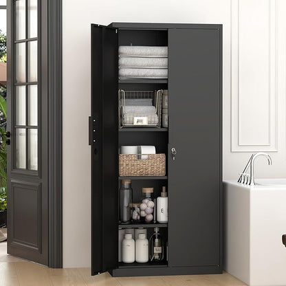GREATMEET Metal Garage Storage Cabinet, Black Lockable Storage Cabinets with Doors and Shelves,Utility Cabinet for Shop Home Office Garage